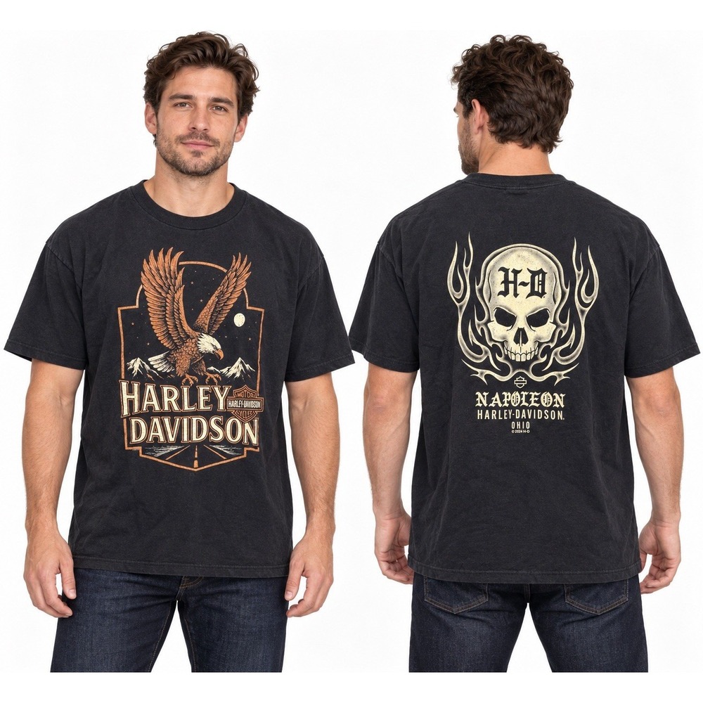 Harley Davidson Napoleon Ohio T Shirt Men's XL Eagle Skull Flames Black